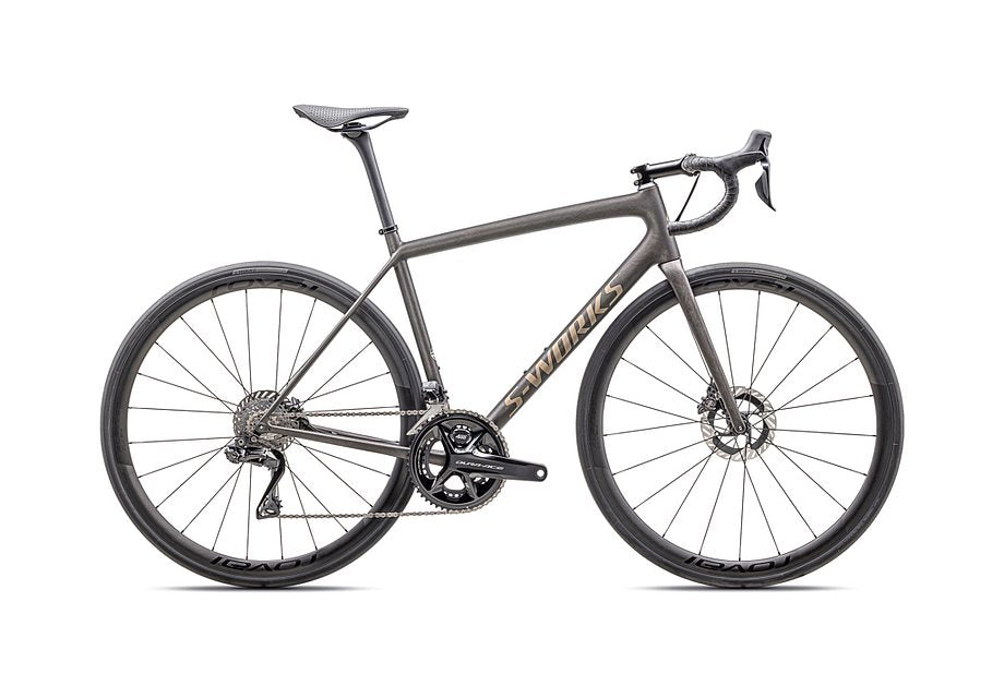 2025 Specialized Aethos S-Works Di2 Bike Satin Doppio / Gunmetal Dry Brushed / Gold Pearl 56