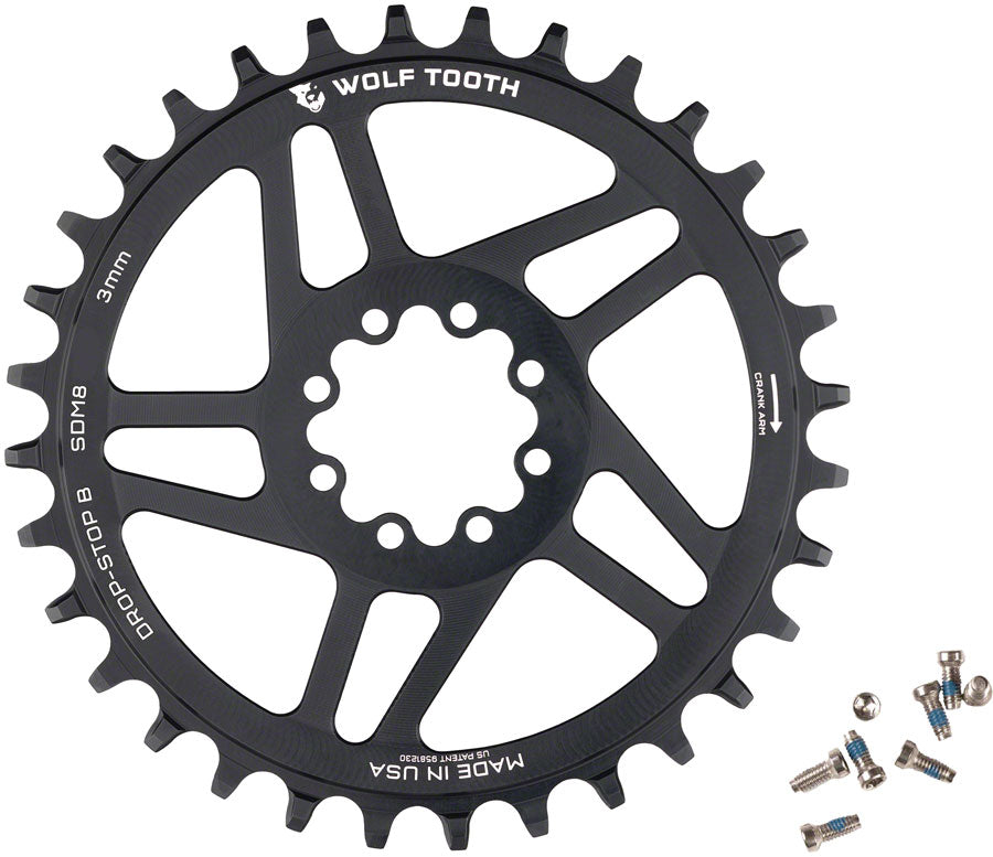 Wolf Tooth Direct Mount Chainring - 34t SRAM Direct Mount Drop-Stop B For SRAM 8-Bolt Cranksets 3mm Offset BLK