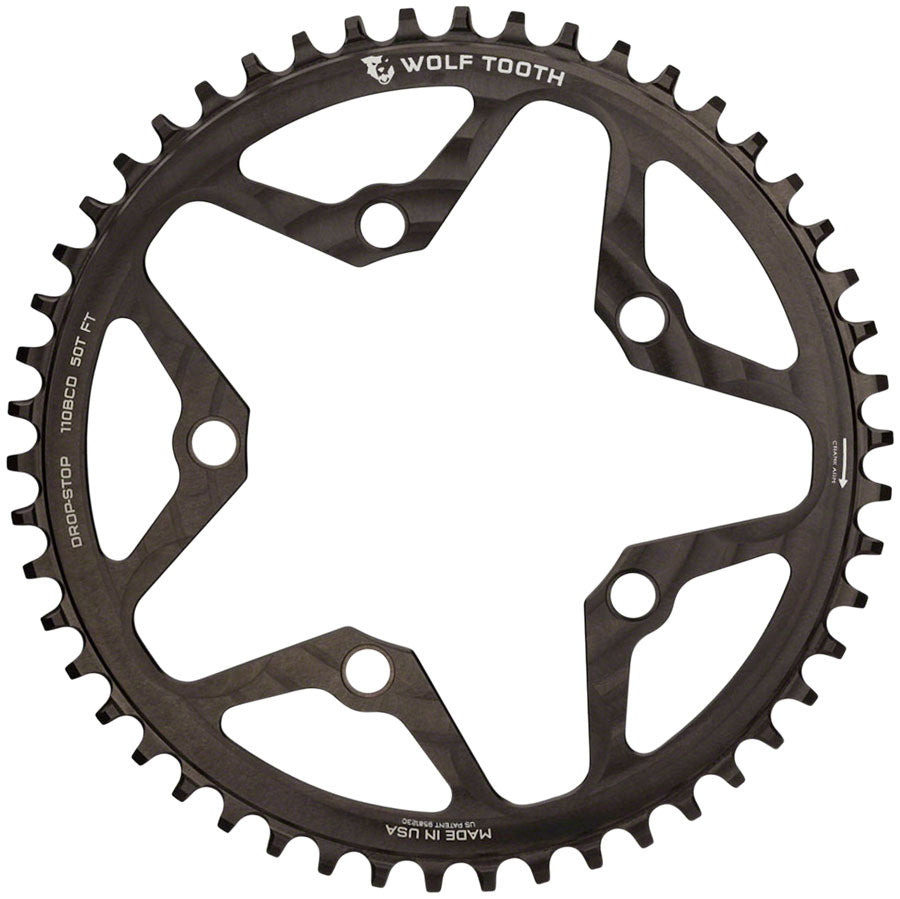 Wolf Tooth 110 BCD Cyclocross Road Chainring - 50t 110 BCD 5-Bolt Drop-Stop B 10/11/12-Speed Eagle Flattop Compatible BLK