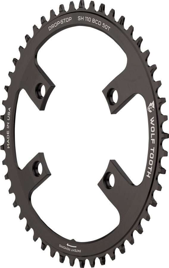 Wolf Tooth Shimano 110 Asymmetric BCD Chainring - 50t 110 Asymmetric BCD 4-Bolt Drop-Stop B For Shimano Cranks BLK