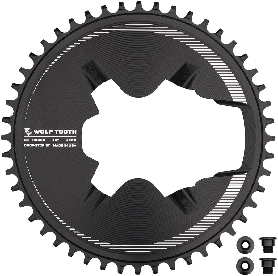 Wolf Tooth Aero Direct Mount 1x Chainring - 48t 4-Bolt Drop-Stop ST Compatible Shimano Dura-Ace R9200/R9200-P Only BLK