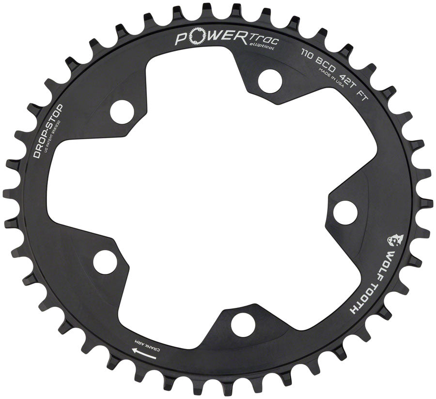 Wolf Tooth Elliptical 110 BCD Chainring - 40t 110 BCD 5-Bolt Drop-Stop B 10/11/12-Speed Eagle Flattop Compatible BLK