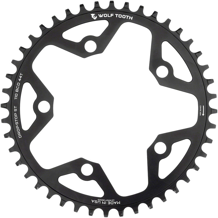 Wolf Tooth 110 BCD Gravel CX Road Chainring - 44t 110 BCD 5-Bolt Drop-Stop ST For Shimano HG+ KMC 12-Speed Chains BLK