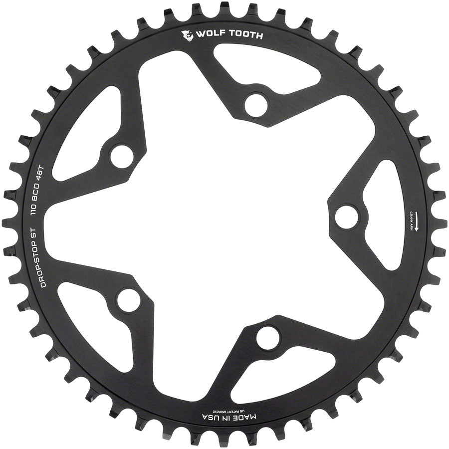 Wolf Tooth 110 BCD Gravel CX Road Chainring - 48t 110 BCD 5-Bolt Drop-Stop ST For Shimano HG+ KMC 12-Speed Chains BLK