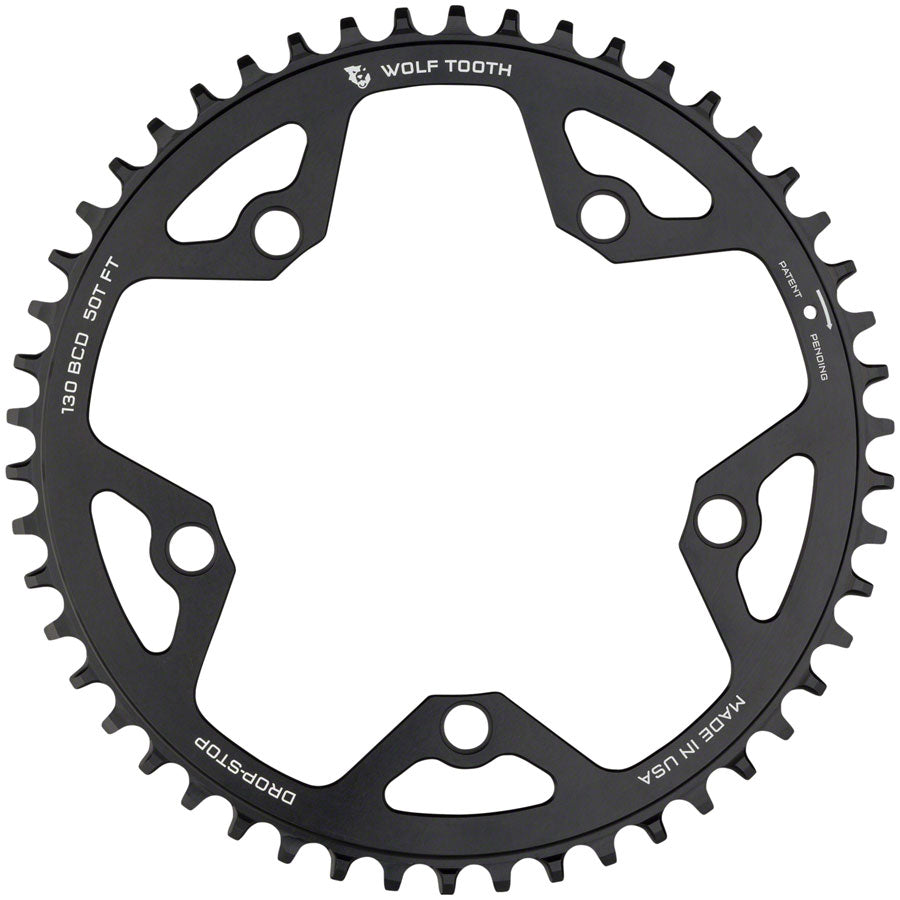 Wolf Tooth 130 BCD Road Cyclocross Chainring - 50t 130 BCD 5-Bolt Drop-Stop B 10/11/12-Speed Eagle Flattop Compatible BLK