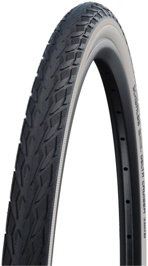 Schwalbe Delta Cruiser Plus Tire - 26 x 1-3/8 Clincher Wire Whitewall/Reflective Active Line PunctureGuard Green Compound E-25