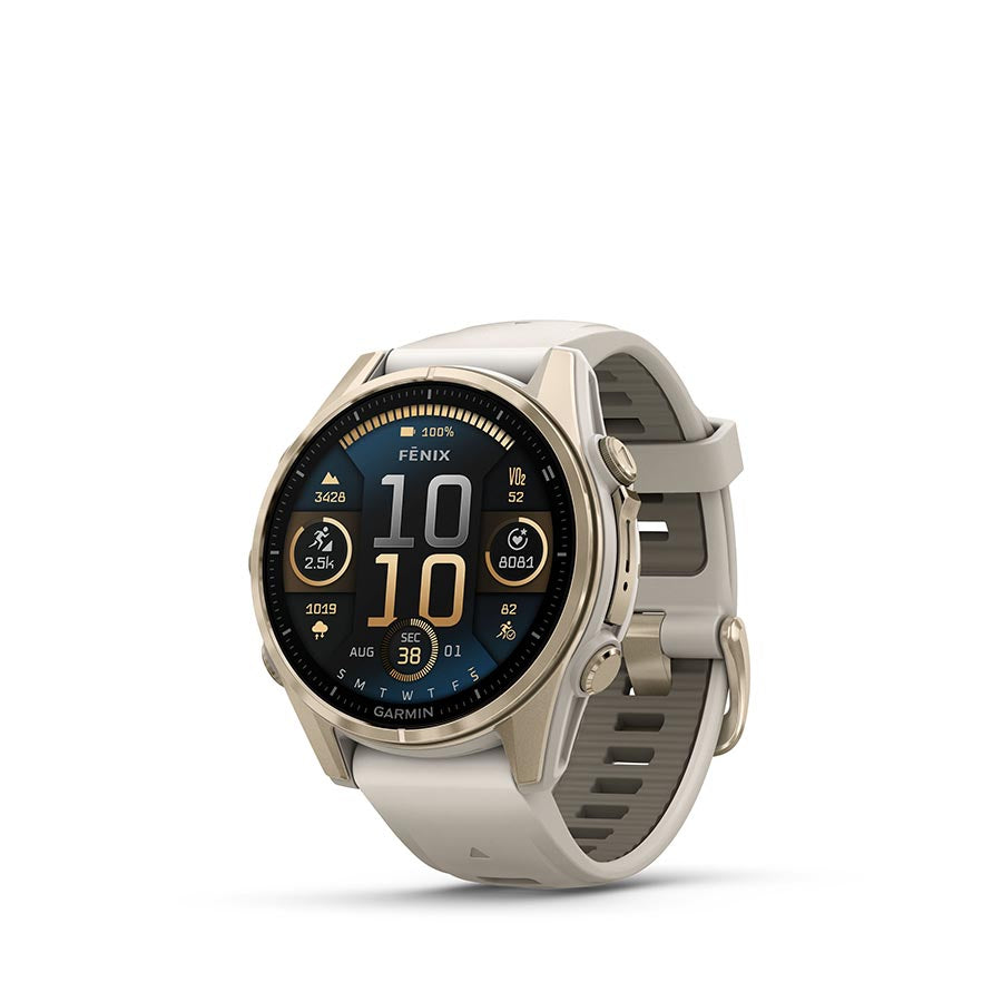 Garmin fenix 8 AMOLED Sapphire 43mm Watch Watch Color: Gold Wristband: Gray/ Dark Sandstone - Silicone