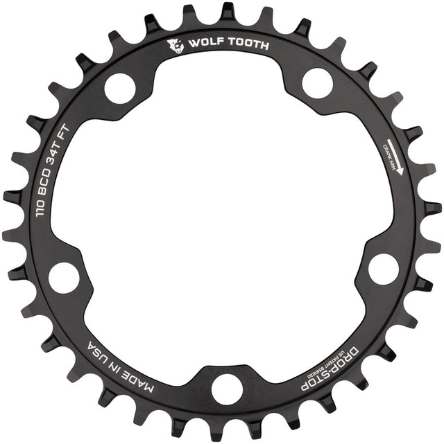 Wolf Tooth 110 BCD Cyclocross Road Chainring - 34t 110 BCD 5-Bolt Drop-Stop B 10/11/12-Speed Eagle Flattop Compatible BLK