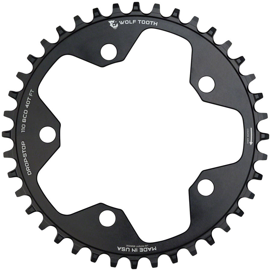 Wolf Tooth 110 BCD Cyclocross Road Chainring - 40t 110 BCD 5-Bolt Drop-Stop B 10/11/12-Speed Eagle Flattop Compatible BLK