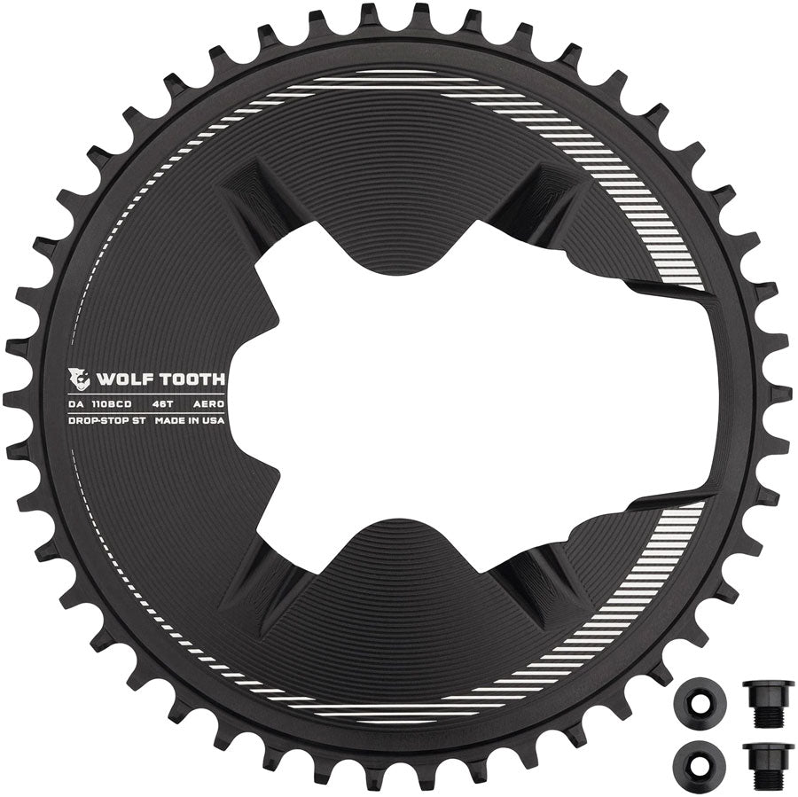 Wolf Tooth Aero Direct Mount 1x Chainring - 46t 4-Bolt Drop-Stop ST Compatible Shimano Dura-Ace R9200/R9200-P Only BLK
