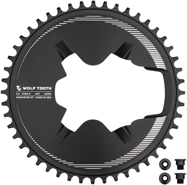 Wolf Tooth Aero Direct Mount 1x Chainring - 48t 4-Bolt Drop-Stop ST Compatible Shimano Dura-Ace R9200/R9200-P Only BLK