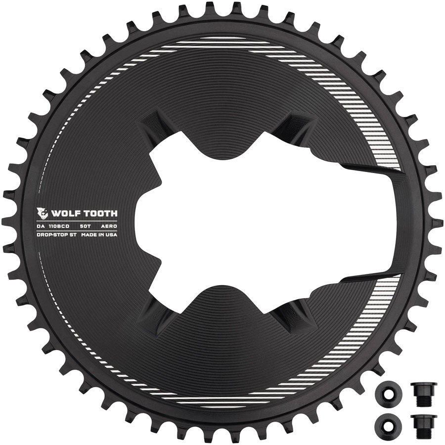 Wolf Tooth Aero Direct Mount 1x Chainring - 50t 4-Bolt Drop-Stop ST Compatible Shimano Dura-Ace R9200/R9200-P Only BLK