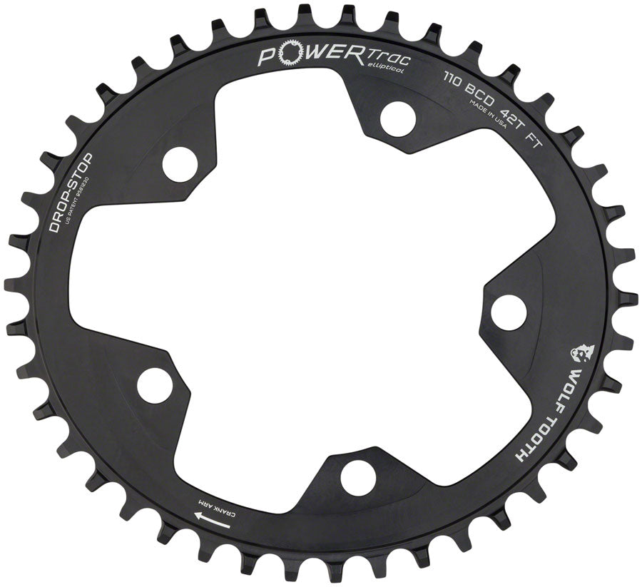 Wolf Tooth Elliptical 110 BCD Chainring - 38t 110 BCD 5-Bolt Drop-Stop B 10/11/12-Speed Eagle Flattop Compatible BLK