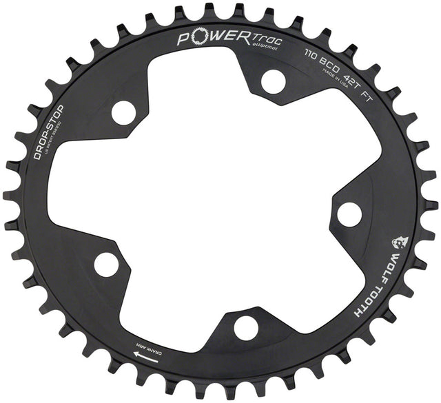 Wolf Tooth Elliptical 110 BCD Chainring - 38t 110 BCD 5-Bolt Drop-Stop B 10/11/12-Speed Eagle Flattop Compatible BLK