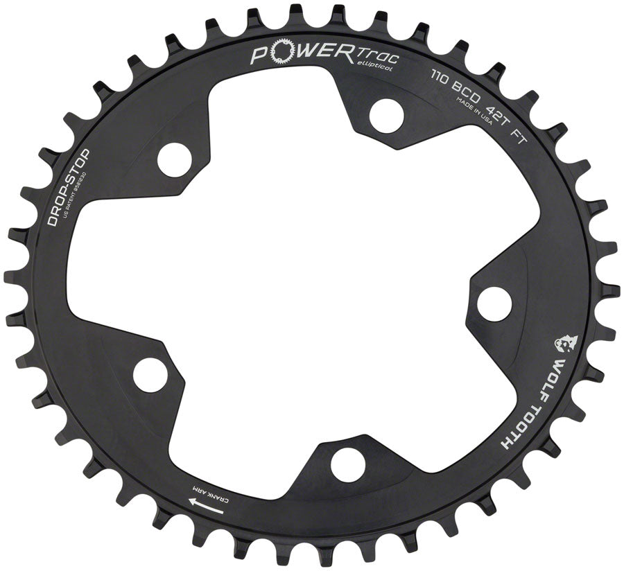 Wolf Tooth Elliptical 110 BCD Chainring - 42t 110 BCD 5-Bolt Drop-Stop B 10/11/12-Speed Eagle Flattop Compatible BLK
