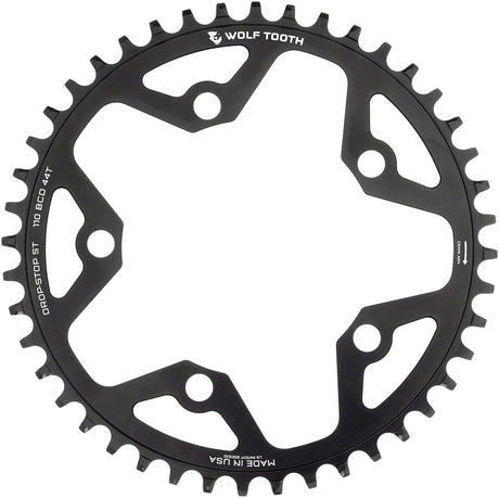 Wolf Tooth 110 BCD Gravel CX Road Chainring - 44t 110 BCD 5-Bolt Drop-Stop ST For Shimano HG+ KMC 12-Speed Chains BLK