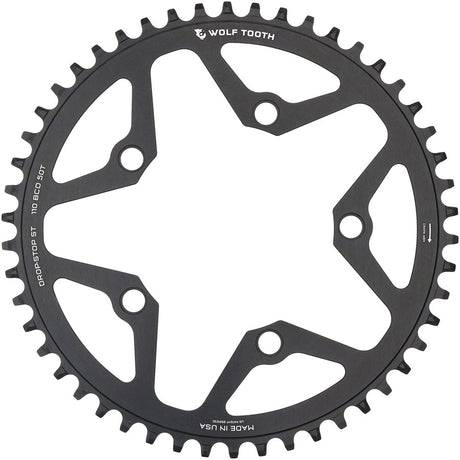 Wolf Tooth 110 BCD Gravel CX Road Chainring - 50t 110 BCD 5-Bolt Drop-Stop ST For Shimano HG+ KMC 12-Speed Chains BLK