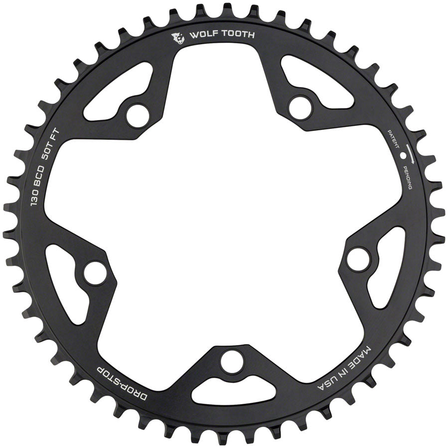 Wolf Tooth 130 BCD Road Cyclocross Chainring - 46t 130 BCD 5-Bolt Drop-Stop B 10/11/12-Speed Eagle Flattop Compatible BLK